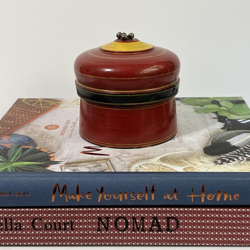 Vintage Wood Kumkum Lacquered Box Tika Powder Trinket Box Red Metal Pom Pom - Picture 8 of 17
